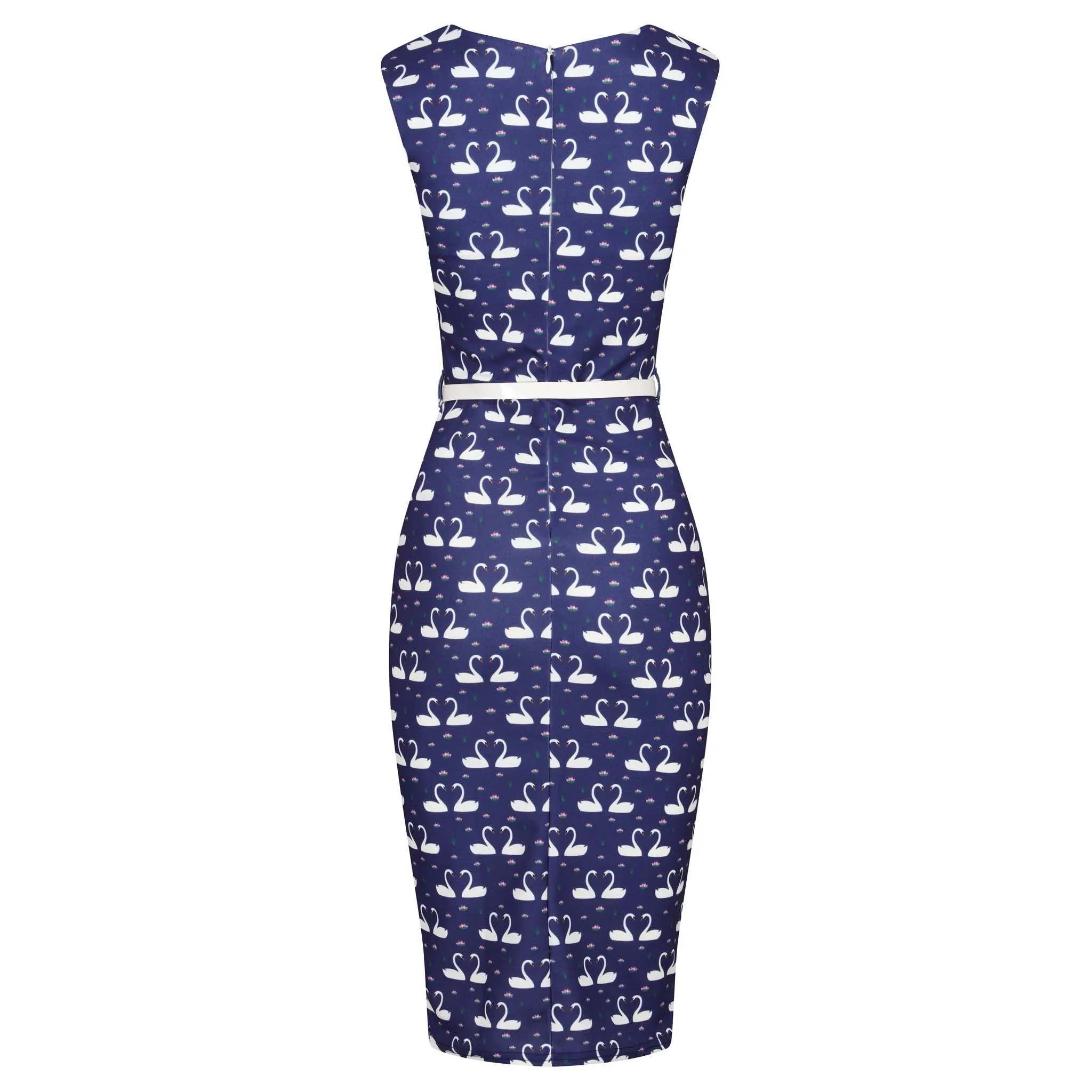 Navy Blue Swan Print Bodycon Pencil Dress