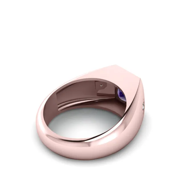 Partywear Ring for Him SOLID 10K Rose Gold Purple Amethyst with 2 Genuine Diamonds Wedding Band