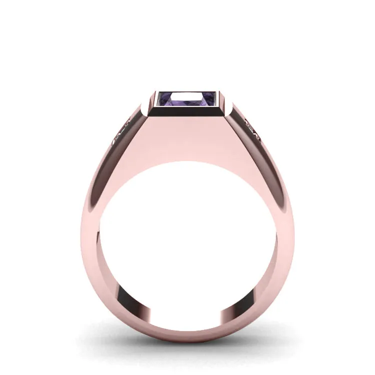 Partywear Ring for Him SOLID 10K Rose Gold Purple Amethyst with 2 Genuine Diamonds Wedding Band