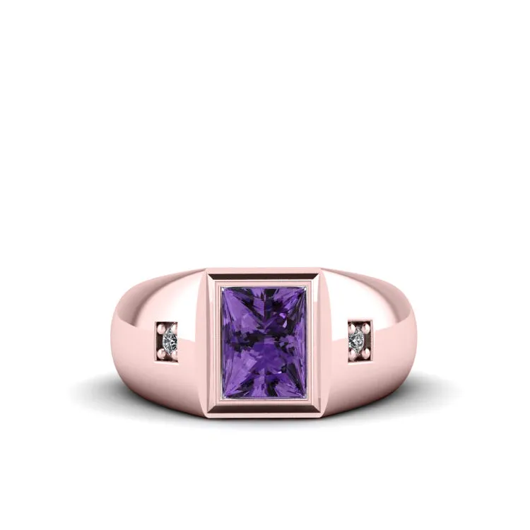 Partywear Ring for Him SOLID 10K Rose Gold Purple Amethyst with 2 Genuine Diamonds Wedding Band