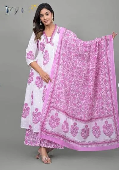 Pink & White Cotton Printed Anarkali Suit Set