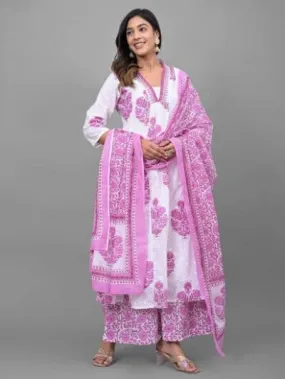 Pink & White Cotton Printed Anarkali Suit Set