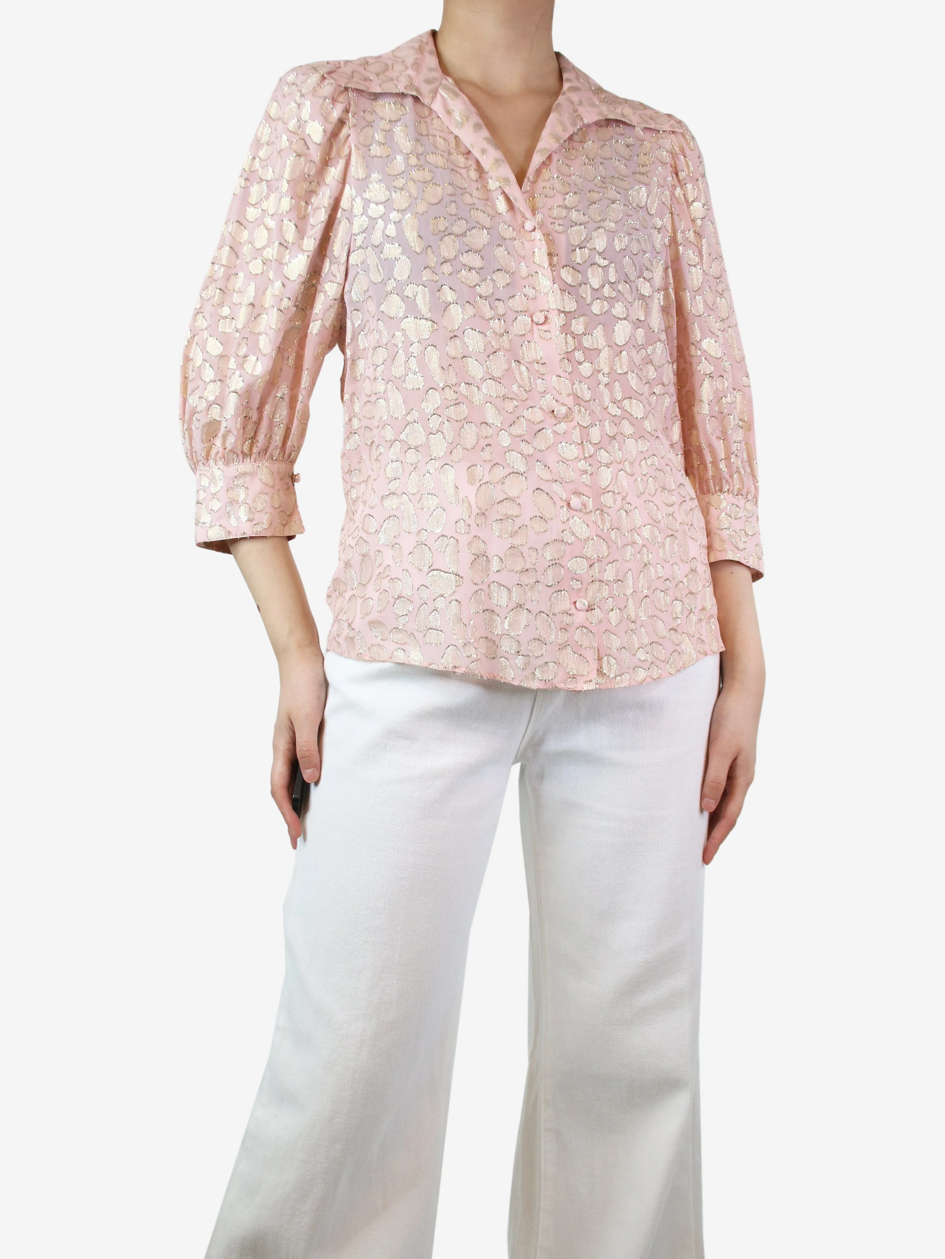 Pink and gold silk-blend shirt - size UK 8