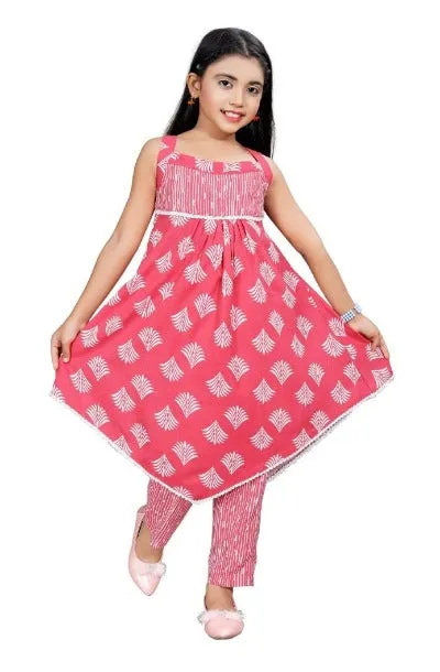 Pink Kids Girls Cotton Punjabi Suit Set of 2