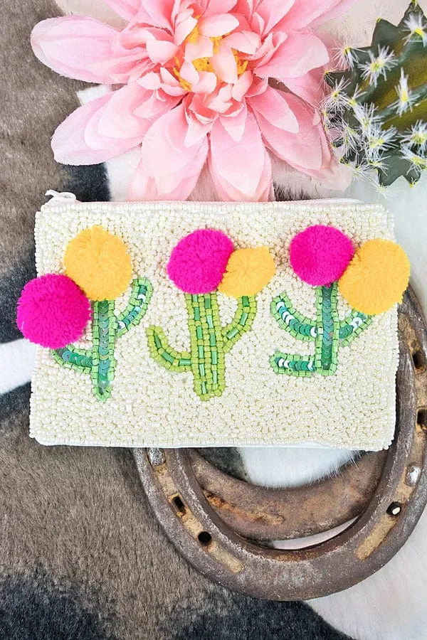 Pom Pom CACTUS beaded coin clutch