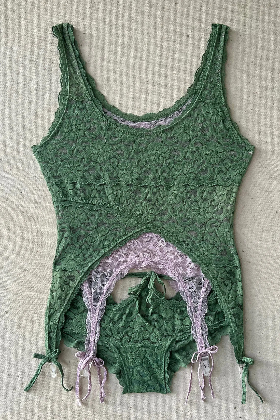 READY TO SHIP / Rosehip Garter Tank in Vintage Green and Purple Surplus Lace (size XL)