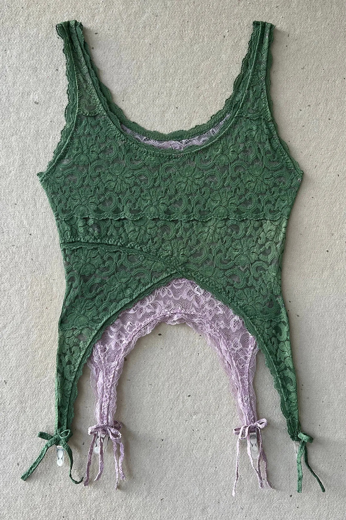 READY TO SHIP / Rosehip Garter Tank in Vintage Green and Purple Surplus Lace (size XL)