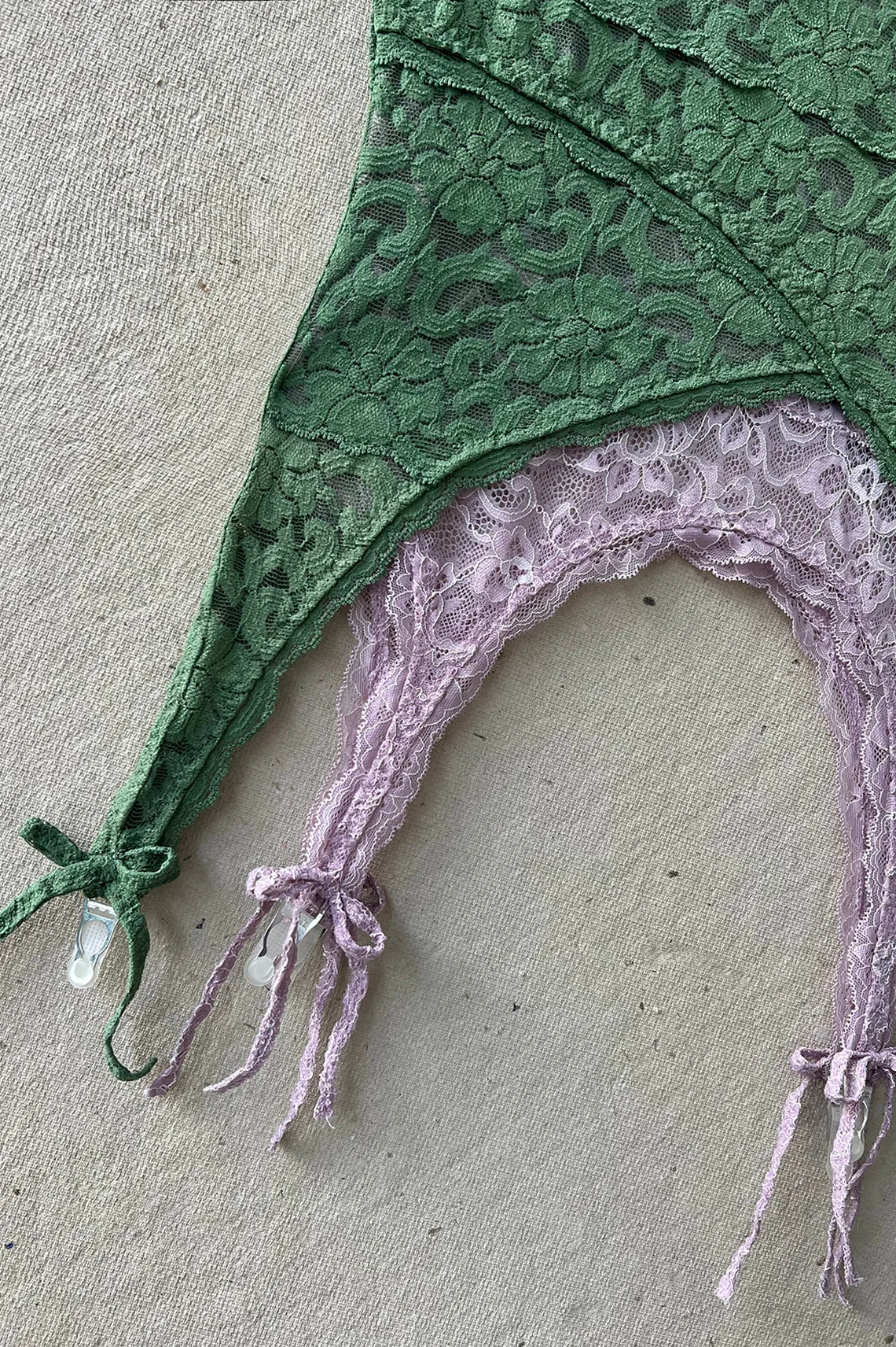 READY TO SHIP / Rosehip Garter Tank in Vintage Green and Purple Surplus Lace (size XL)