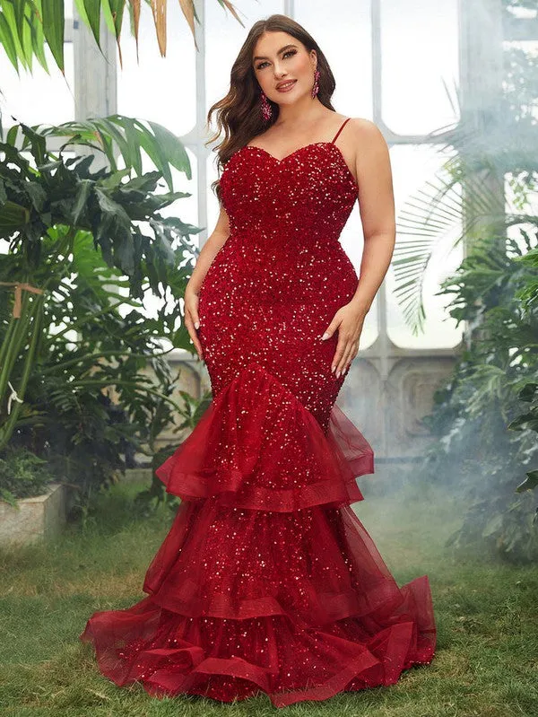 Red Tiered Sequin Mermaid Dress