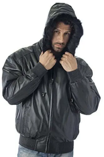 REED Men's Hooded Leather Bomber Jacket with Zip Out - Imported