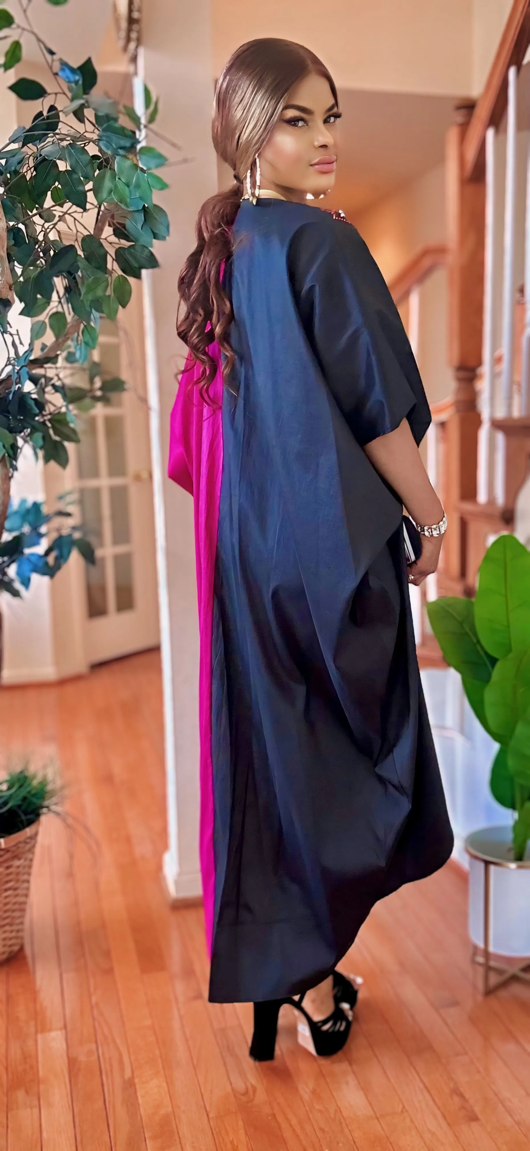 RHINESTONE KAFTAN MAXI DRESS(BLACK-PINK)