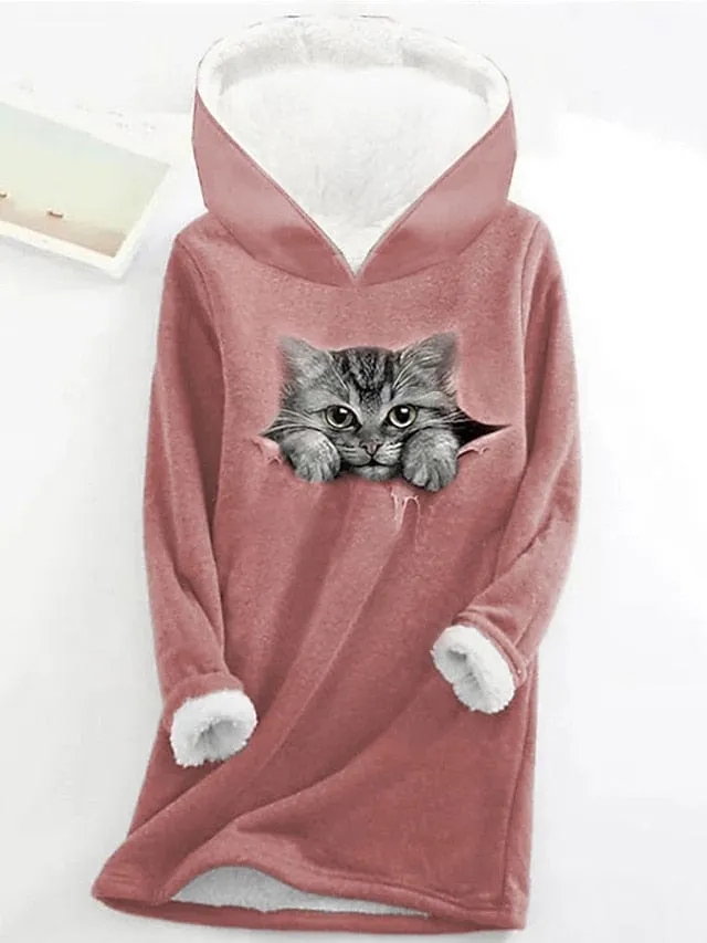 Sherpa Fleece Lined Cat and Butterfly Zip-Up Hoodie Sweatshirt