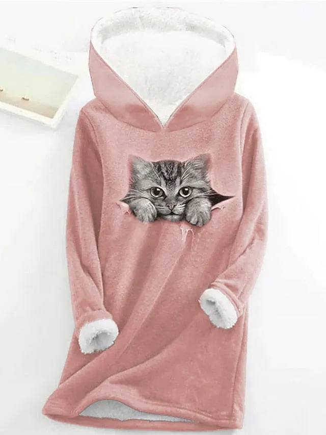 Sherpa Fleece Lined Cat and Butterfly Zip-Up Hoodie Sweatshirt