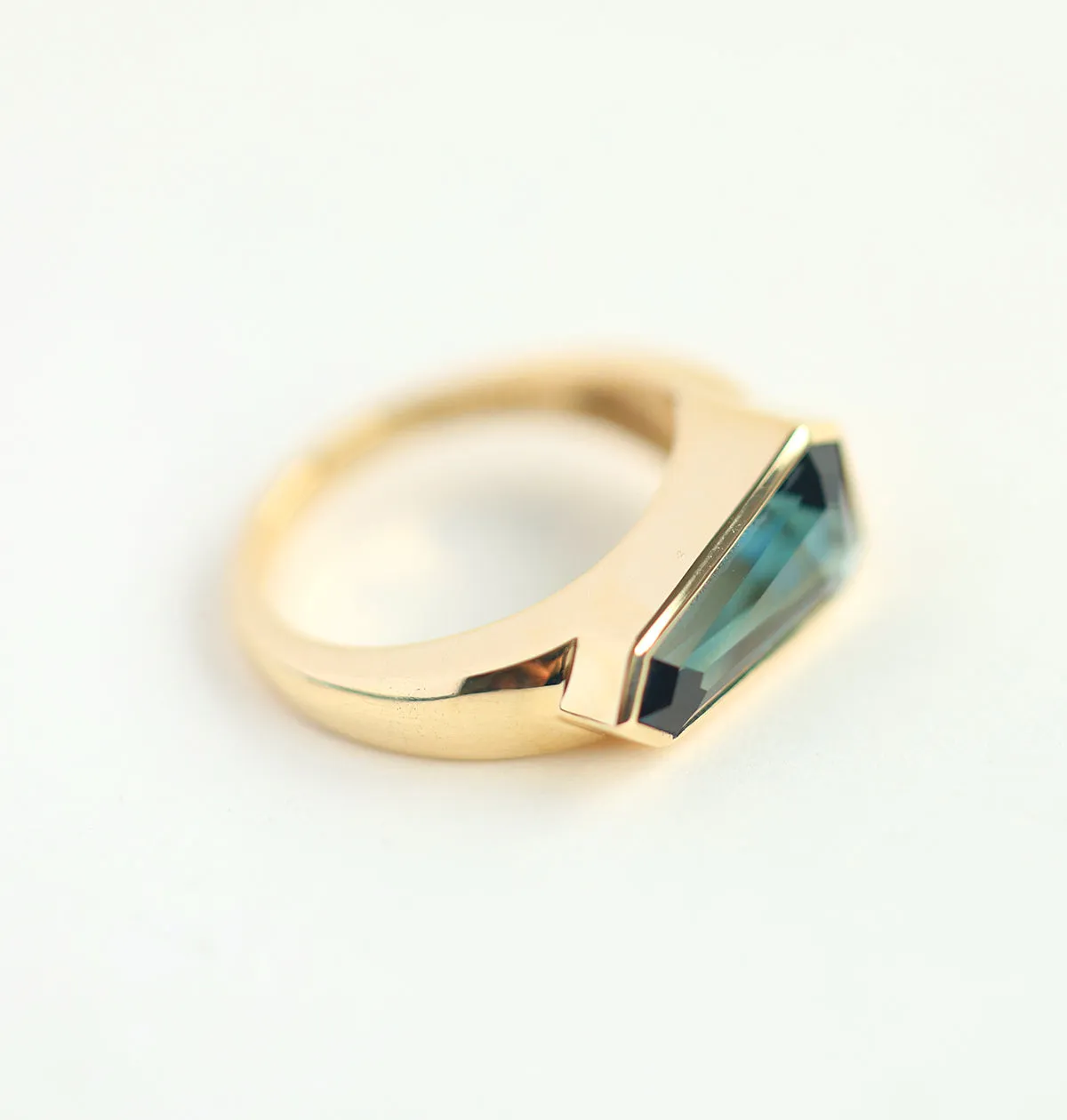 Shield Cut Teal Sapphire Ring