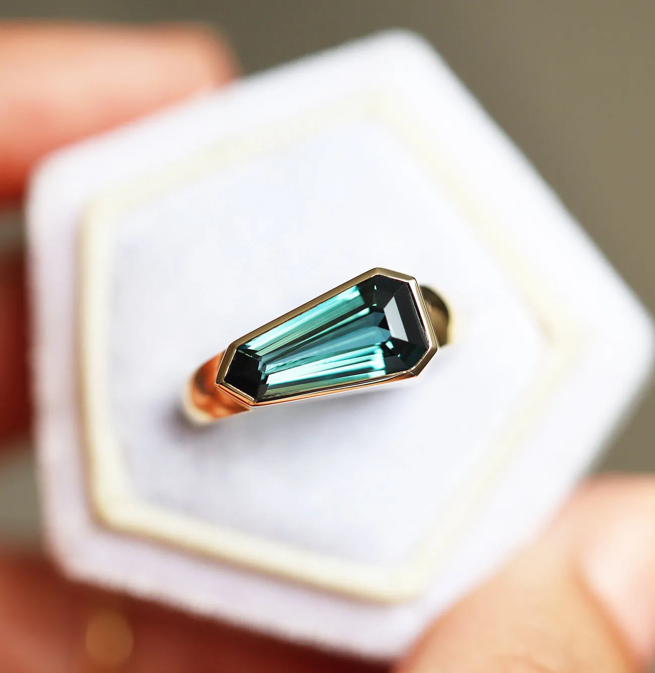 Shield Cut Teal Sapphire Ring