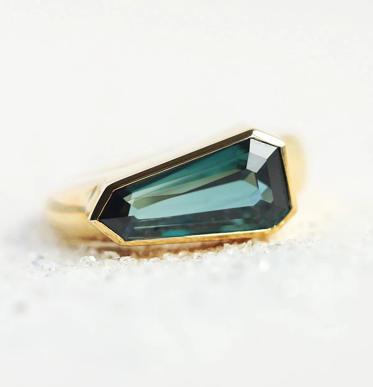 Shield Cut Teal Sapphire Ring