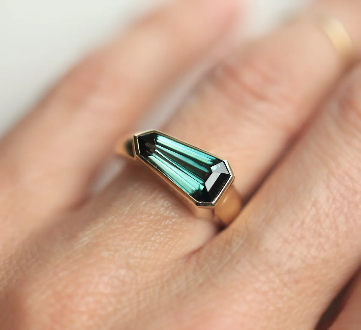 Shield Cut Teal Sapphire Ring