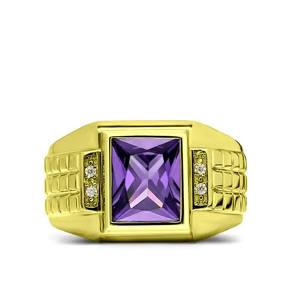 Solid 10K Gold Purple Amethyst Mens Ring 4 Natural Diamonds Fine Ring for Man