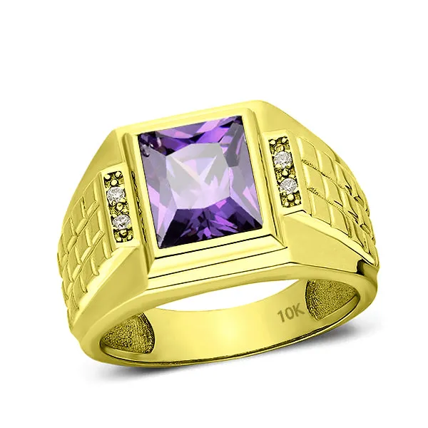 Solid 10K Gold Purple Amethyst Mens Ring 4 Natural Diamonds Fine Ring for Man