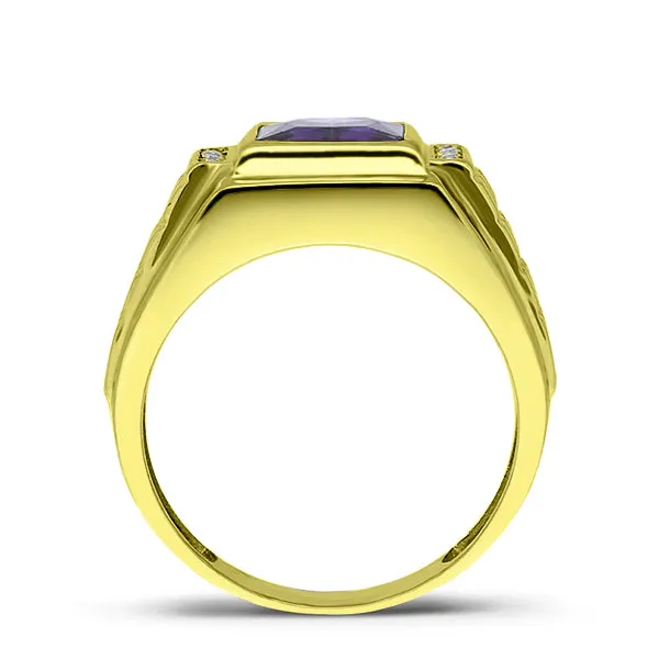 Solid 10K Gold Purple Amethyst Mens Ring 4 Natural Diamonds Fine Ring for Man