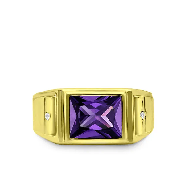 Solid 18K Gold Purple Amethyst Mens Ring 2 Natural Diamonds Fine Ring for Man