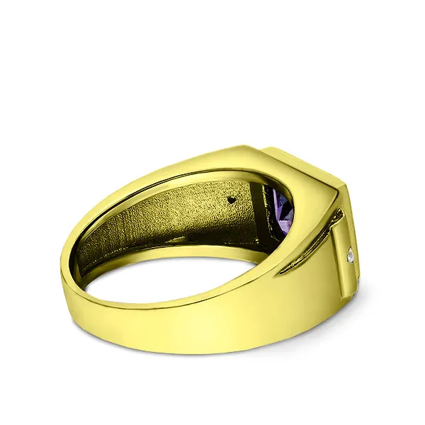 Solid 18K Gold Purple Amethyst Mens Ring 2 Natural Diamonds Fine Ring for Man