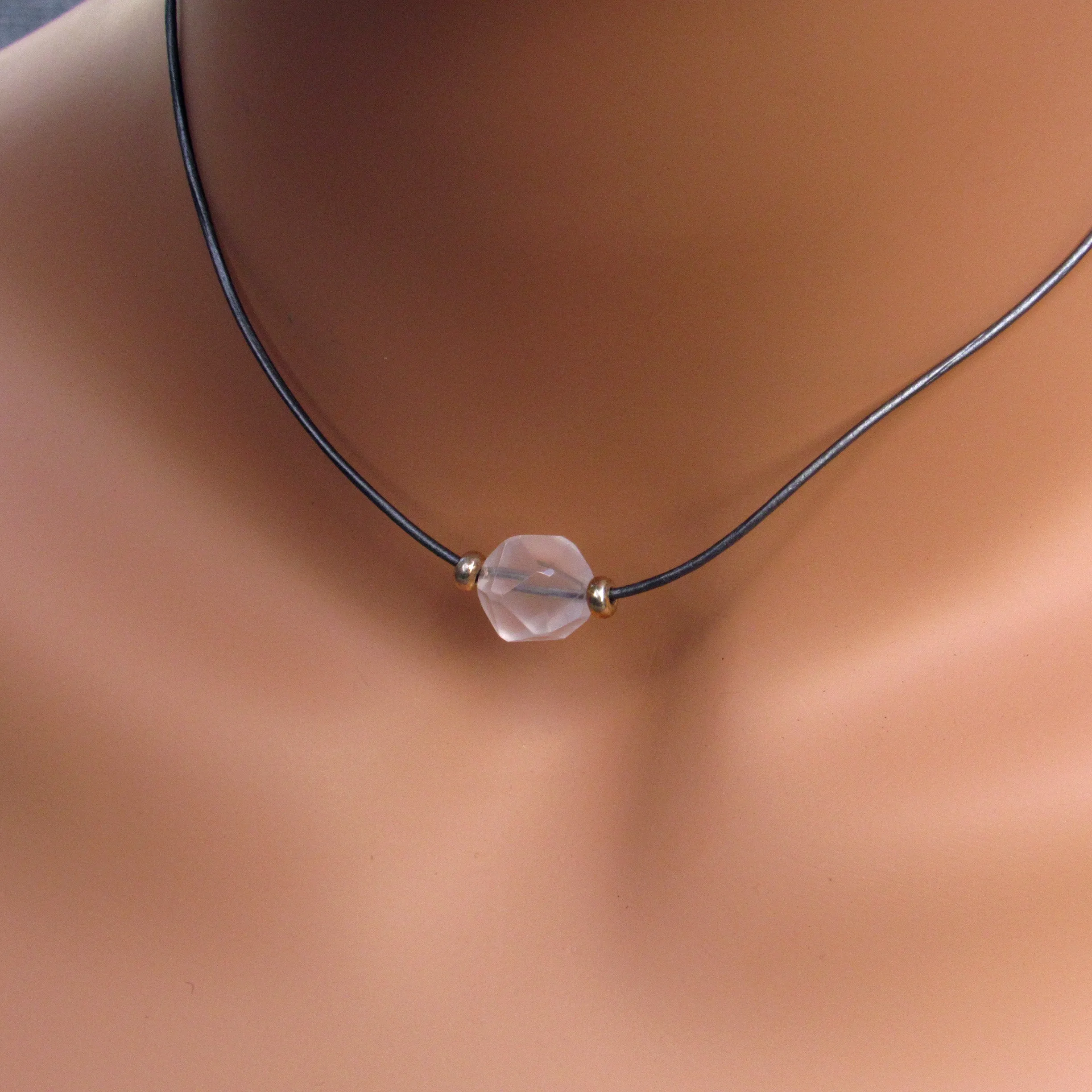 Thin Leather and Natural Topaz Gemstone necklace with Sterling Silver