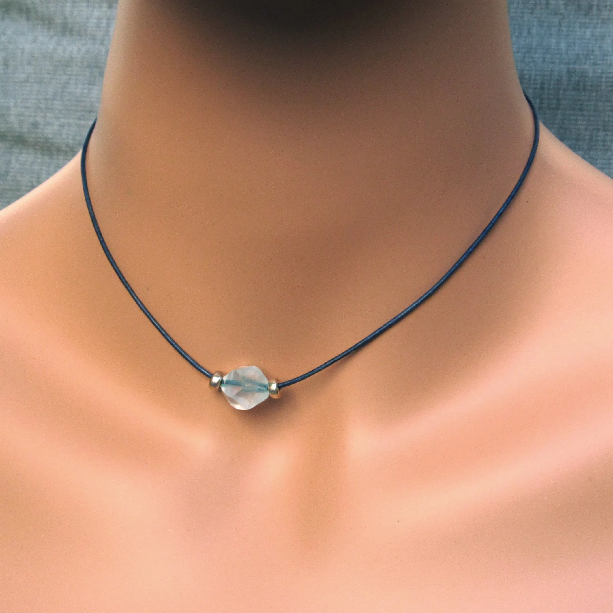 Thin Leather and Natural Topaz Gemstone necklace with Sterling Silver