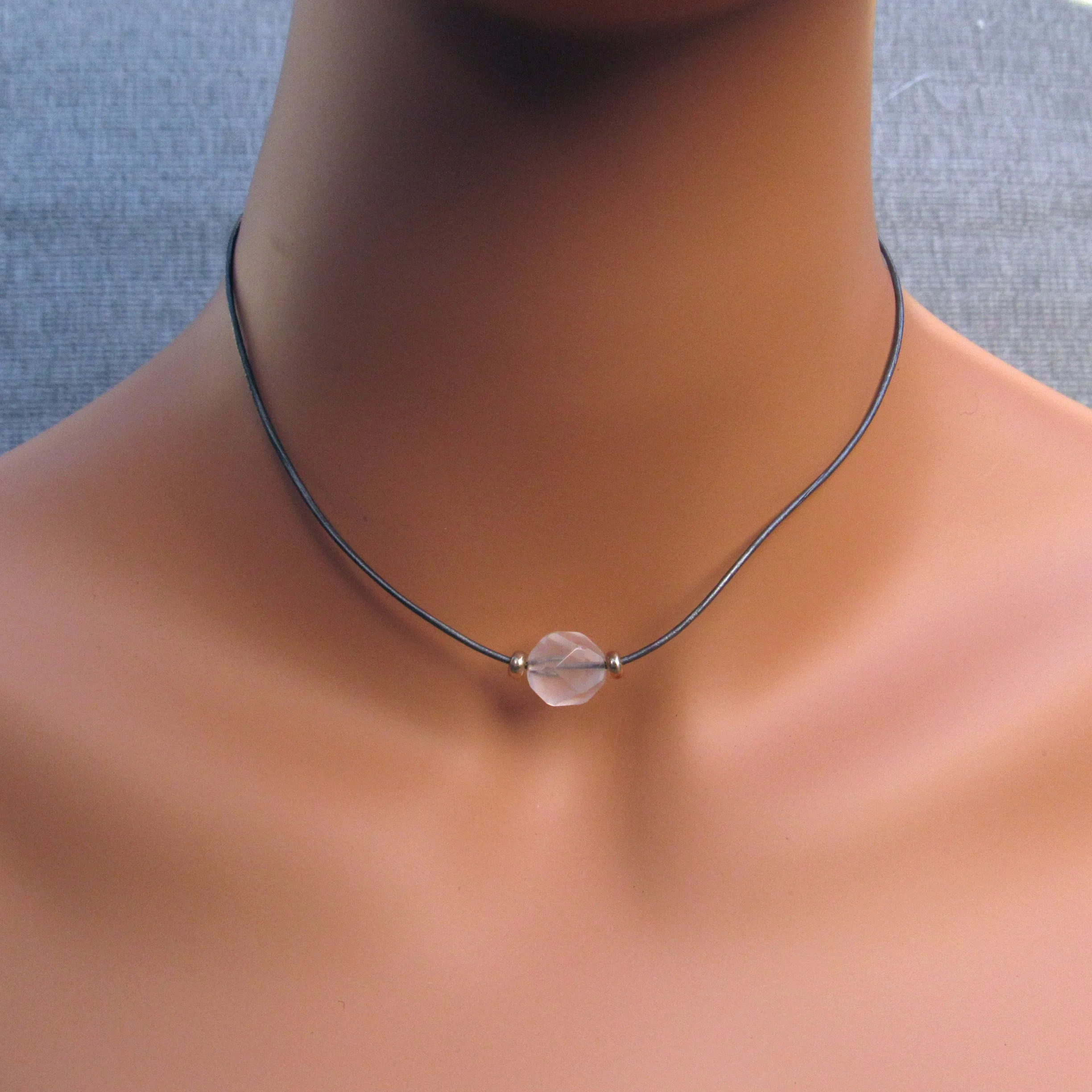 Thin Leather and Natural Topaz Gemstone necklace with Sterling Silver