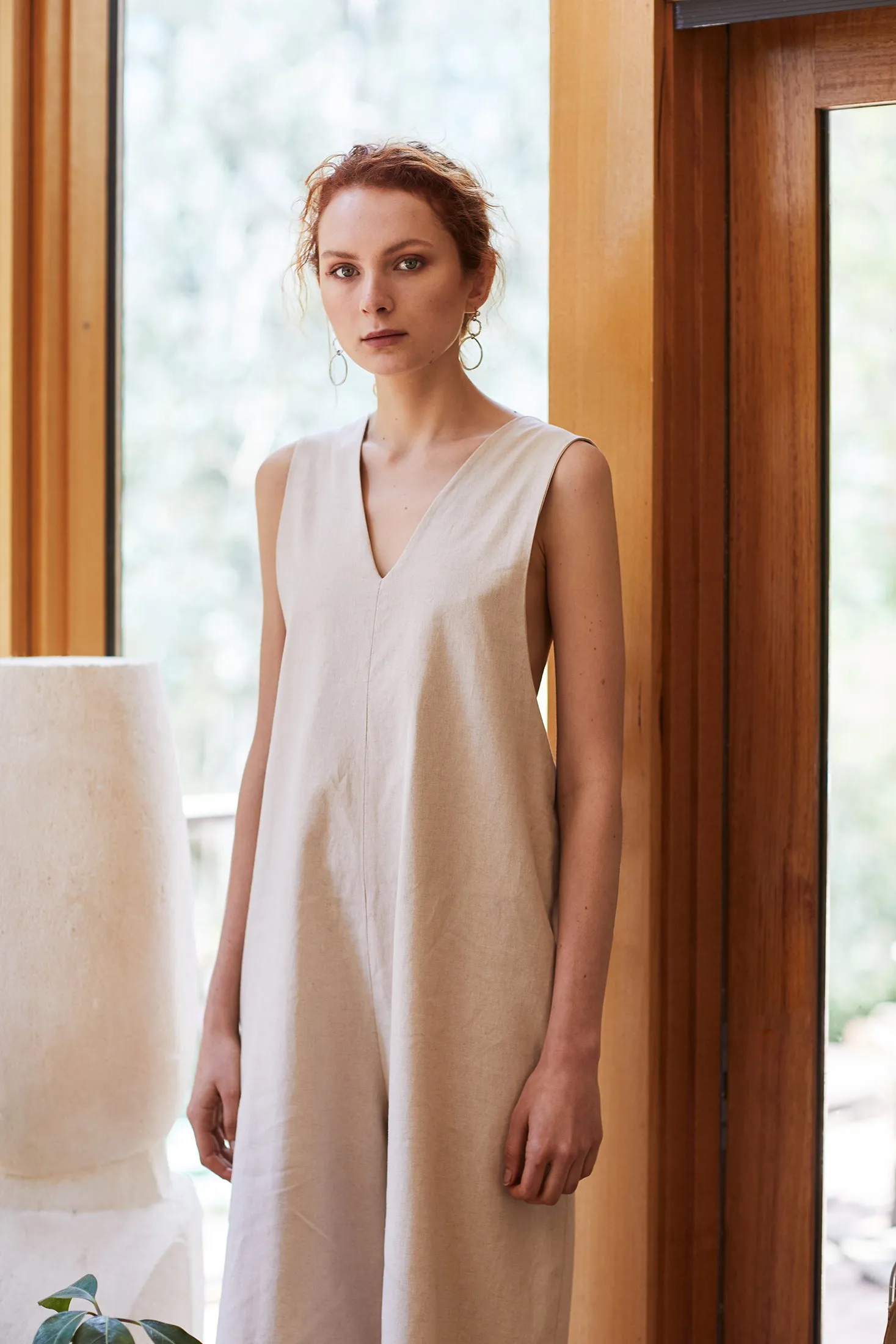 TRUFFLE JUMPSUIT  [ Natural Cream Linen / Cotton, Sleeveless, V Neck ]