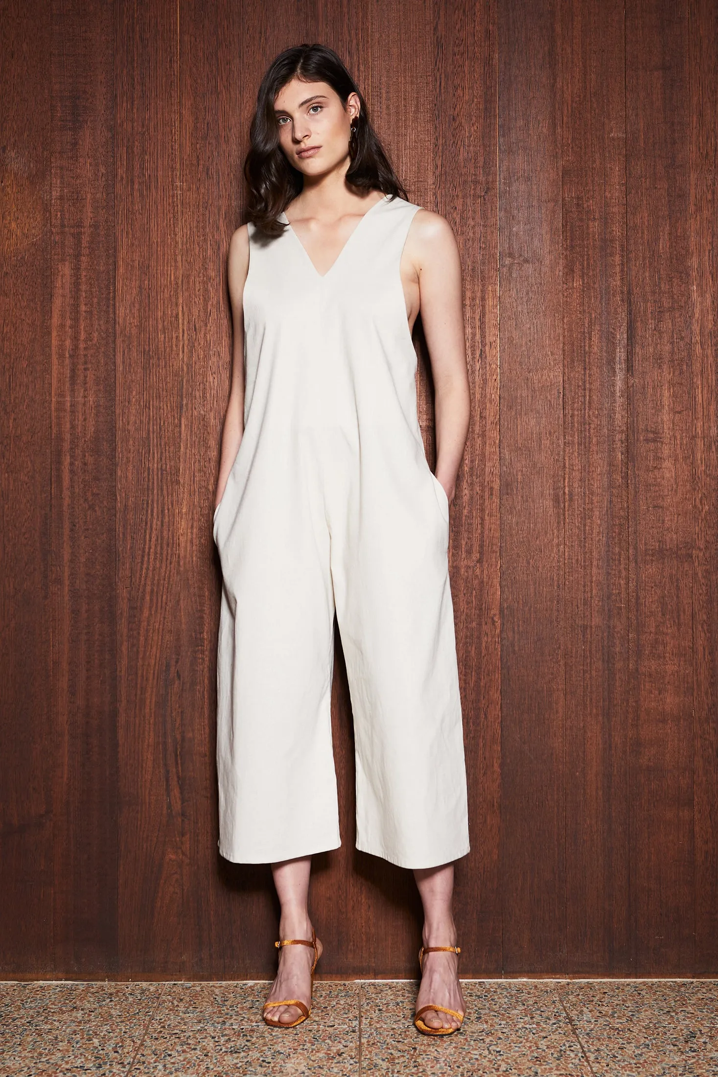 TRUFFLE JUMPSUIT  [ Natural Cream Linen / Cotton, Sleeveless, V Neck ]