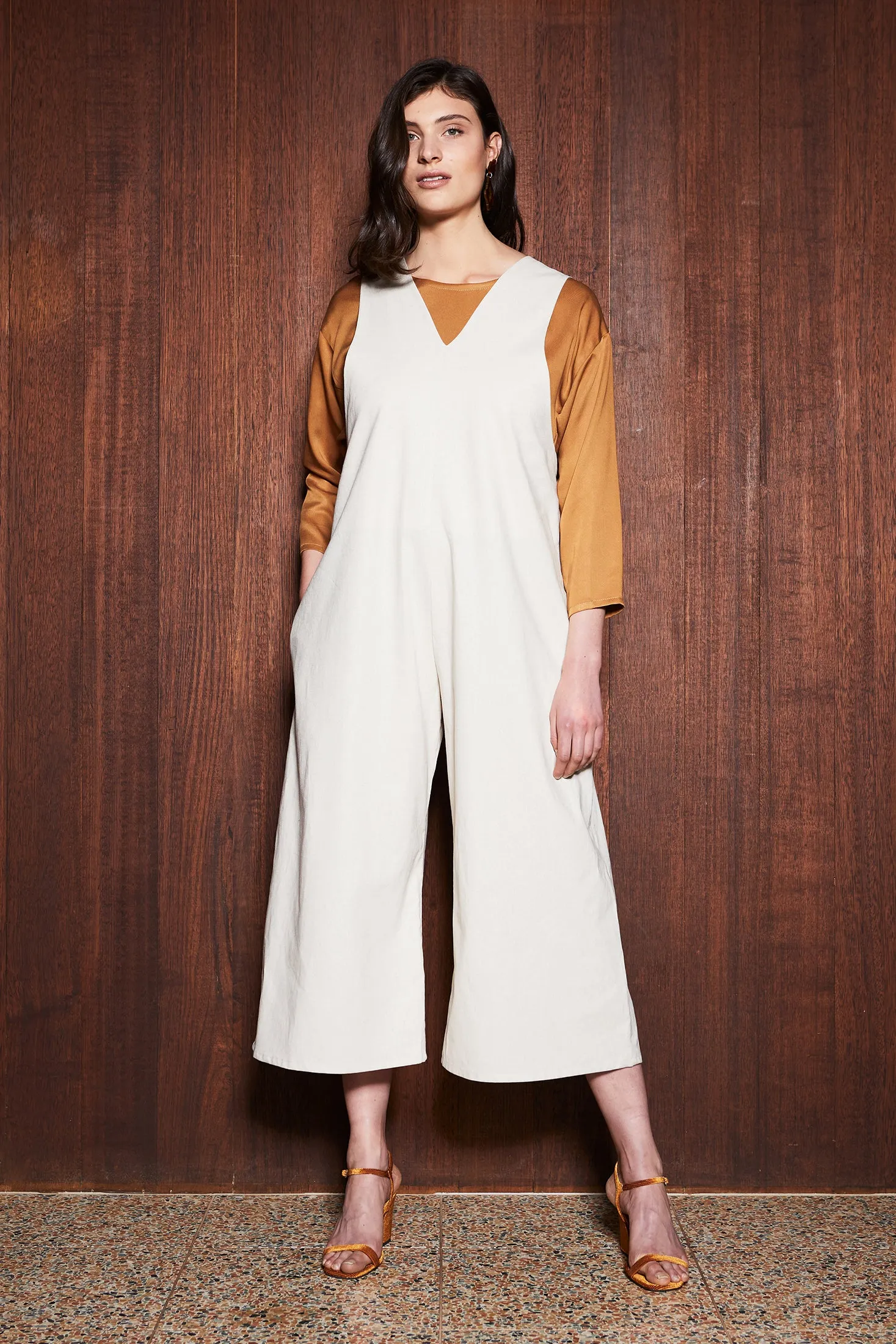 TRUFFLE JUMPSUIT  [ Natural Cream Linen / Cotton, Sleeveless, V Neck ]