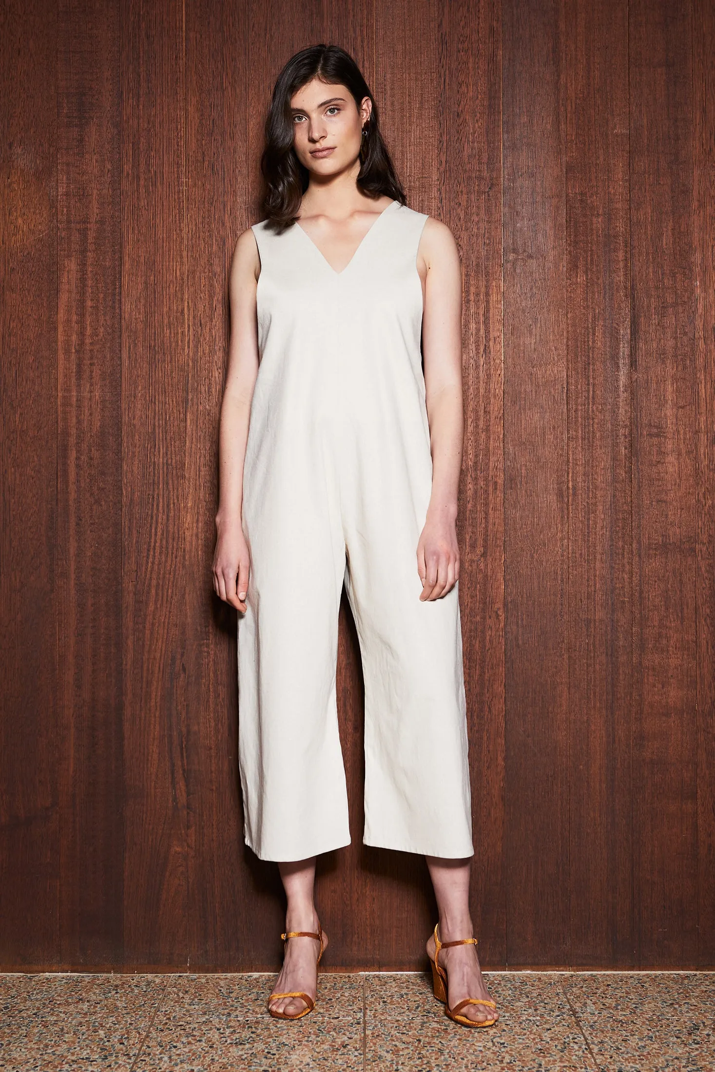 TRUFFLE JUMPSUIT  [ Natural Cream Linen / Cotton, Sleeveless, V Neck ]