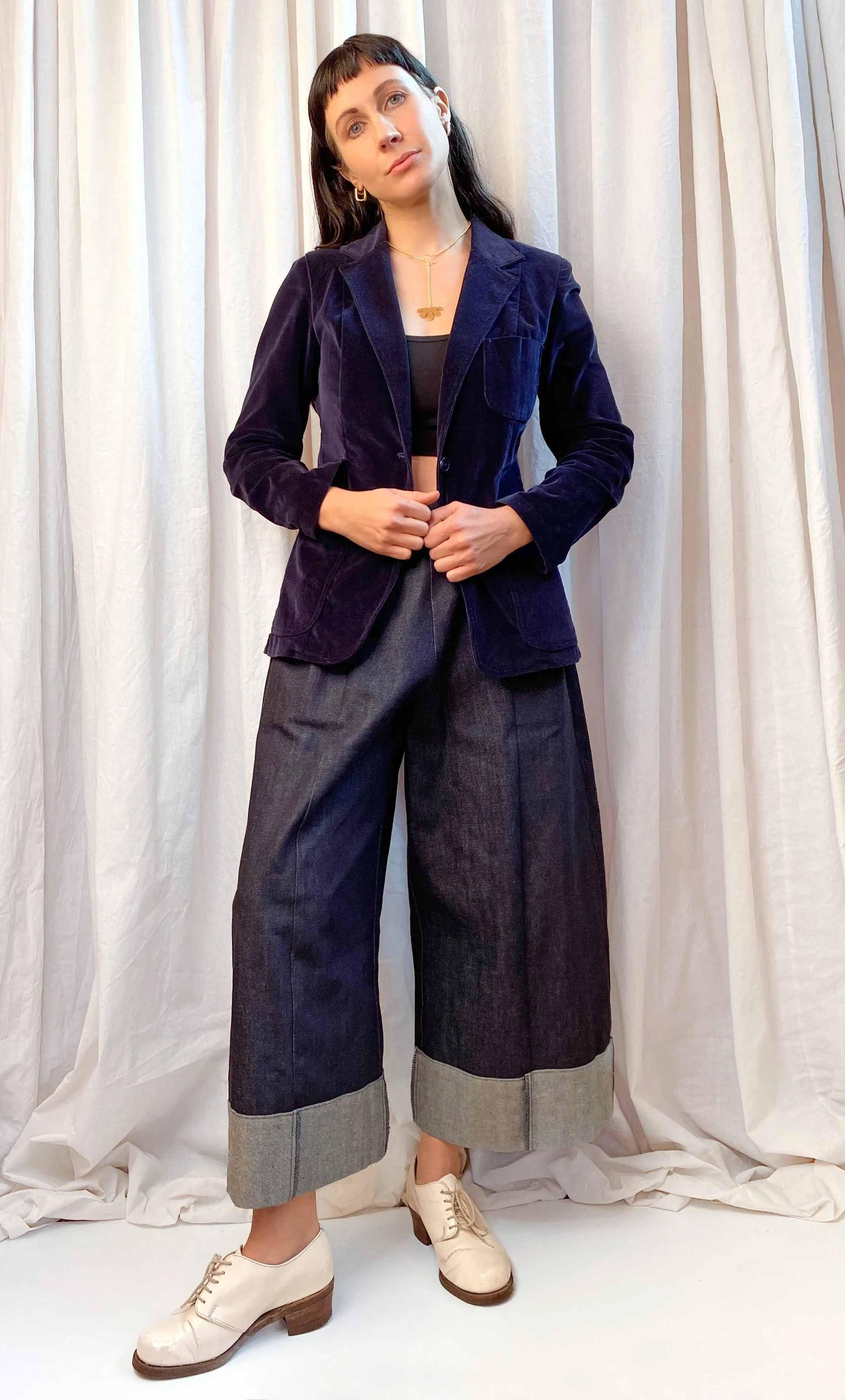 VINTAGE VELVET BLAZER [ Navy Blue Cotton, Size Small ]