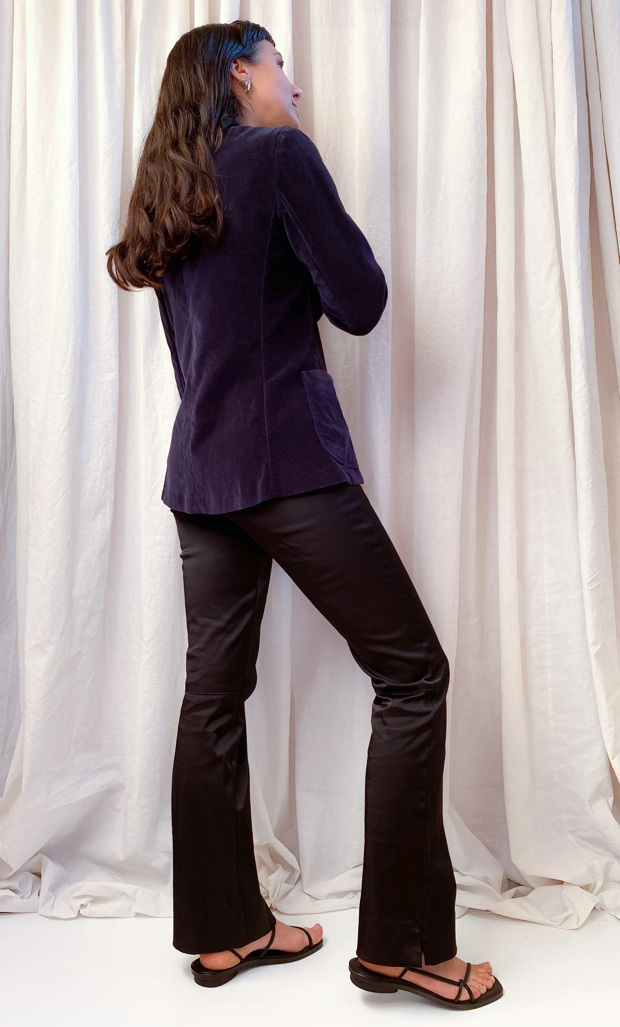 VINTAGE VELVET BLAZER [ Navy Blue Cotton, Size Small ]