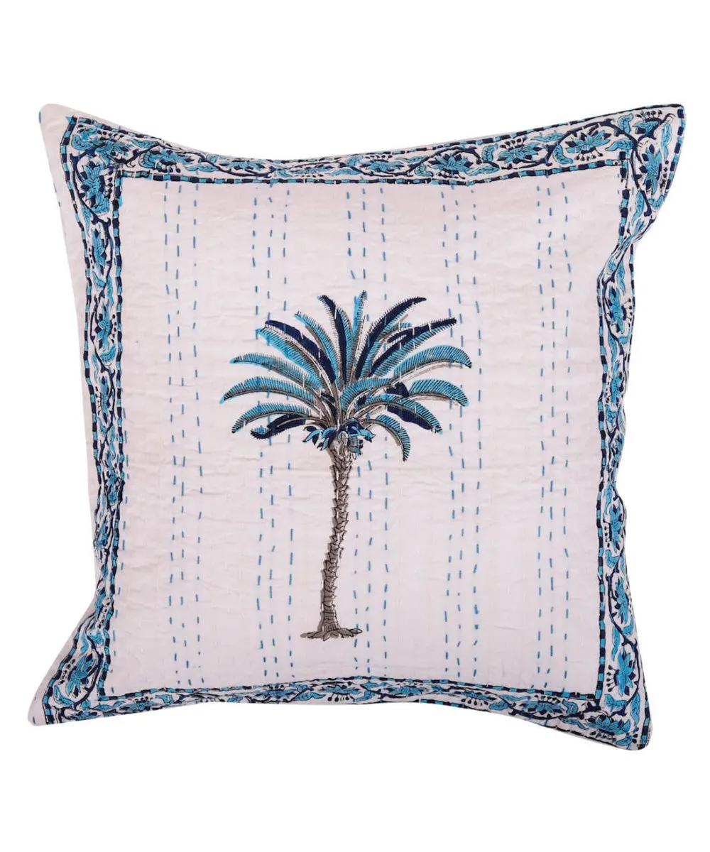 White blue handblock kantha stitch cotton cushion cover