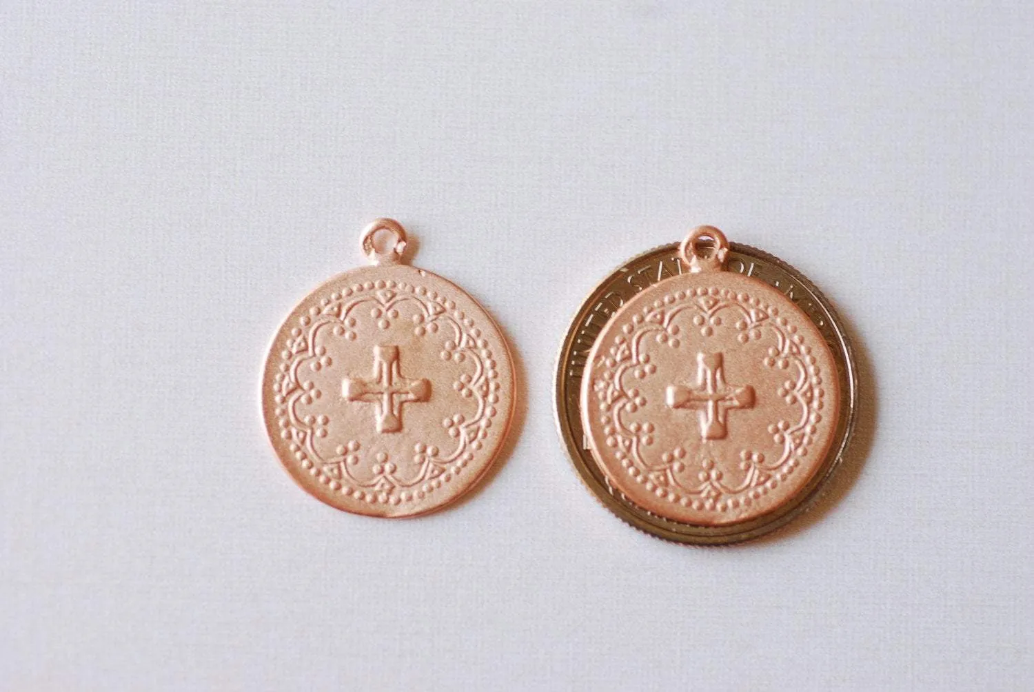 Wholesale Matte Pink Vermeil Rose Gold Round Cross Pendant - 18k gold plated over sterling silver, Communion Cross, Rose Gold Christian Catholic Cross