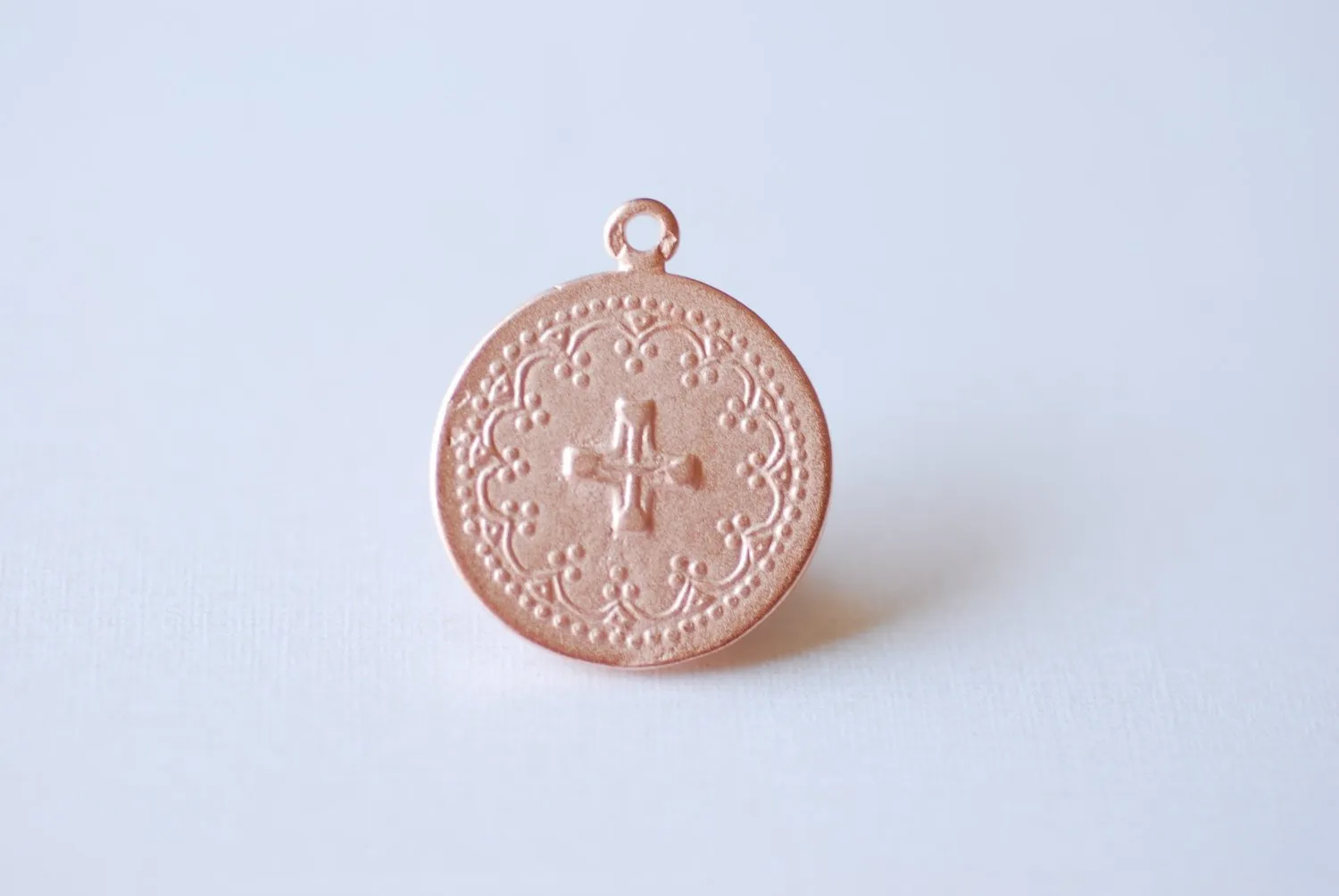 Wholesale Matte Pink Vermeil Rose Gold Round Cross Pendant - 18k gold plated over sterling silver, Communion Cross, Rose Gold Christian Catholic Cross