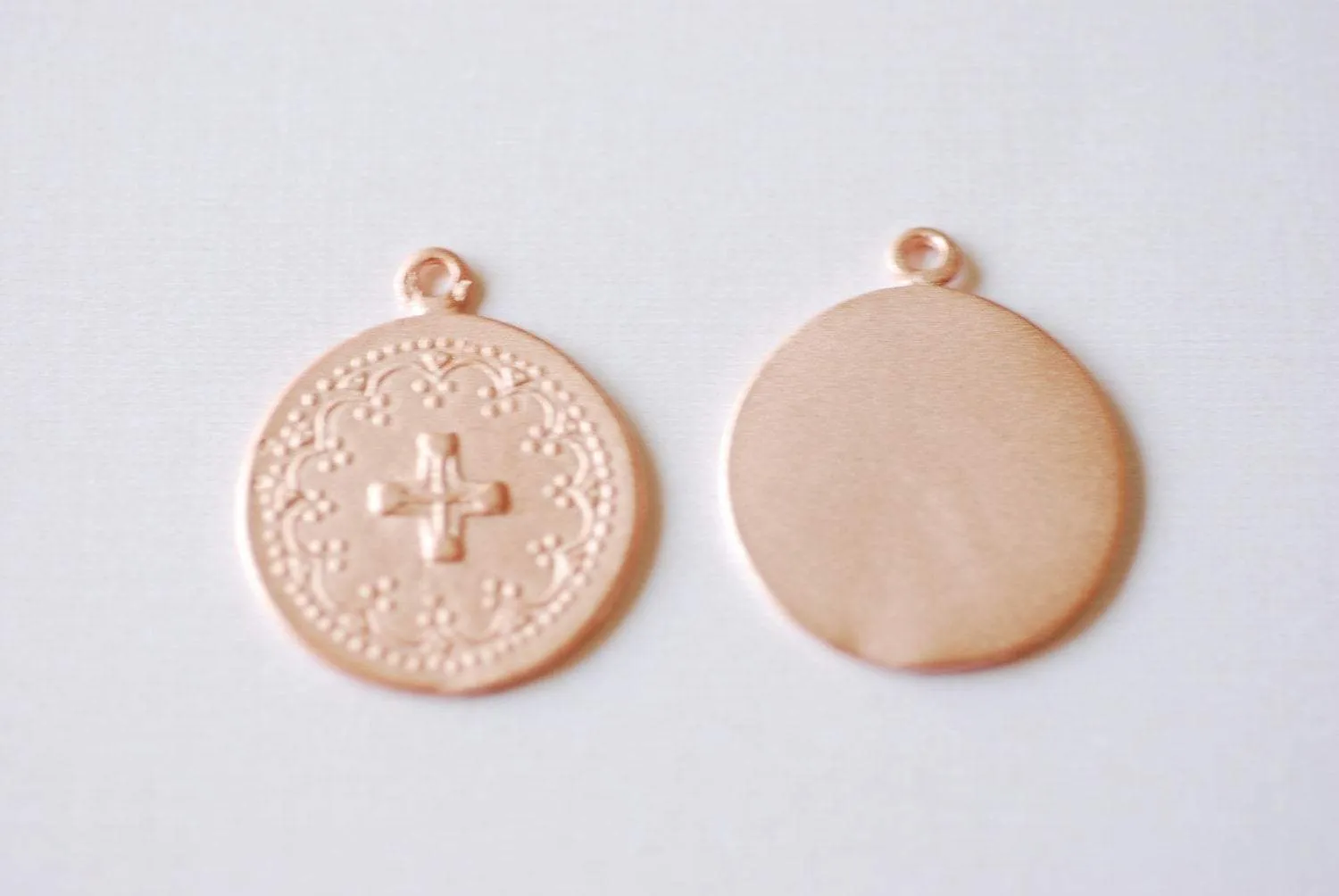 Wholesale Matte Pink Vermeil Rose Gold Round Cross Pendant - 18k gold plated over sterling silver, Communion Cross, Rose Gold Christian Catholic Cross