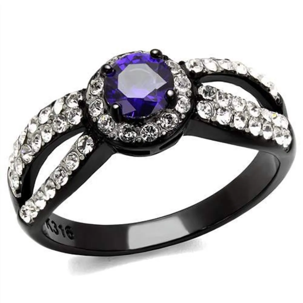 WildKlass Stainless Steel Ring Two-Tone IP Black Women AAA Grade CZ Tanzanite